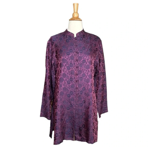 BIANCO LEVRIN Asian Inspired Tunic Topper Jacket Silk Blend Jacquard Ethereal - Picture 2 of 16